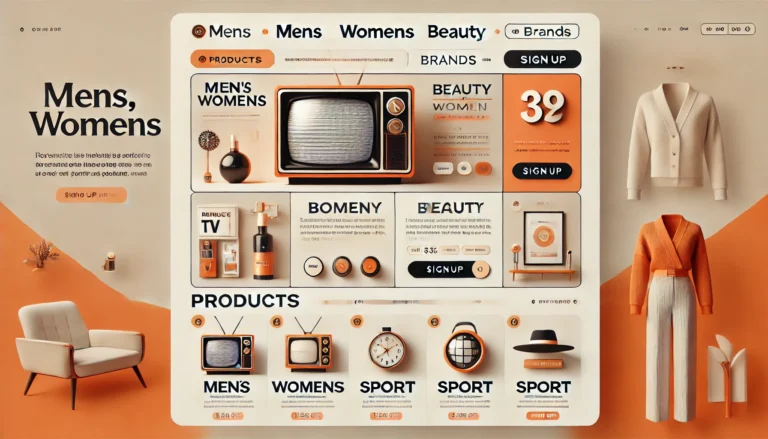 Modern e-commerce website UI design with an orange and white theme, featuring product categories, a call-to-action section, and a product slider showcasing electronics, fashion, and furniture.